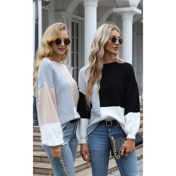 Women Sweater Long Sleeve Color Block Knit Pullover Casual Loose Top - Picture 5 of 9